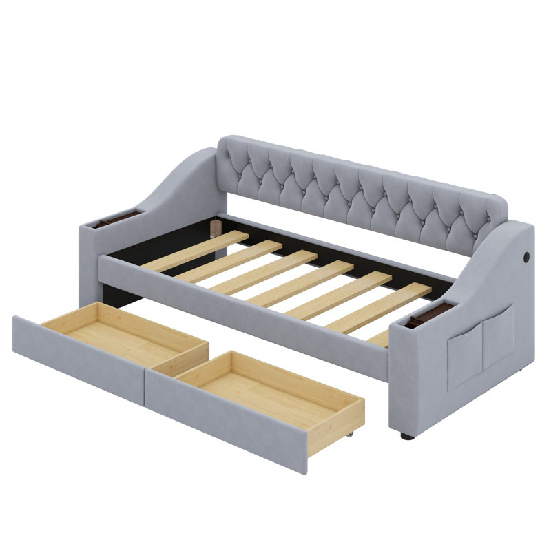 Lit de jour rembourré avec accoudoirs de rangement et port USB, Gris