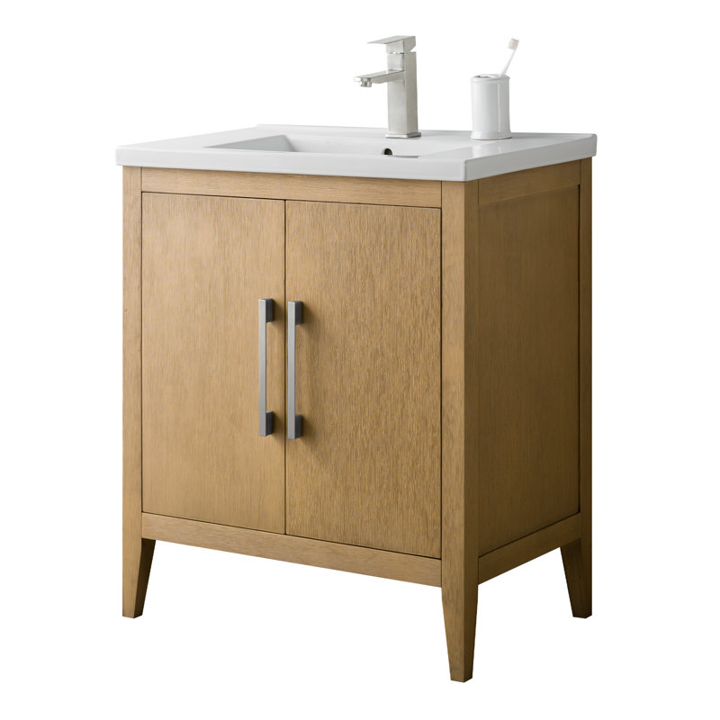 Meuble-lavabo simple 30 po avec comptoir en céramique Chambery, Chêne naturel, Nickel brossé, H 34 po x l 30 po x P 18,5 po