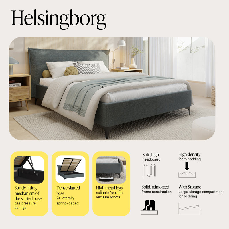 Classic upholstered King Bed with loft-up storage, matress area 150 x 200 cm, minimalistic headboard, Kingsize (5'), Grey