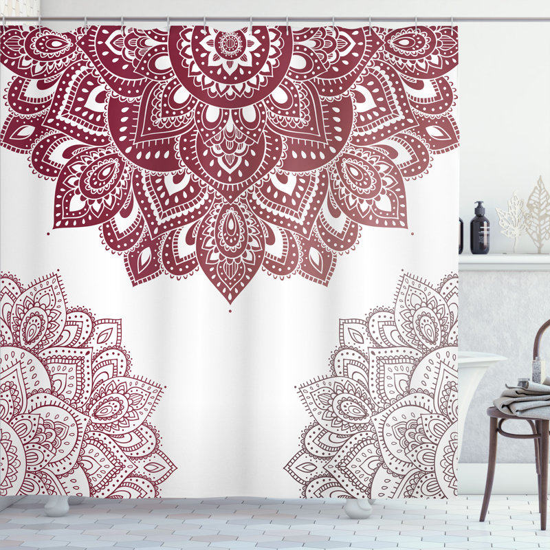 Maroon and White Ornamental Floral Fabric Shower Curtain
