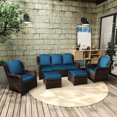 Mobilier de patio extérieur - 3 canapés, 2 chaises, repose-pieds pour la construction en métal antirouille pour le jardin, structure modulaire simple en tissu avec coussins de protection, matériaux résistants aux intempéries