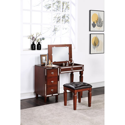 Meuble-lavabo de chambre à coucher de couleur cerise - avec tabouret, tiroirs de rangement abondants, design élégant et placage de peuplier, fabrication en bois d'hévéa