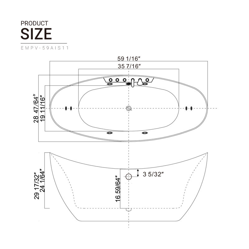 59" x 28.7 Freestanding Whirlpool Acrylic Bathtub with Faucet