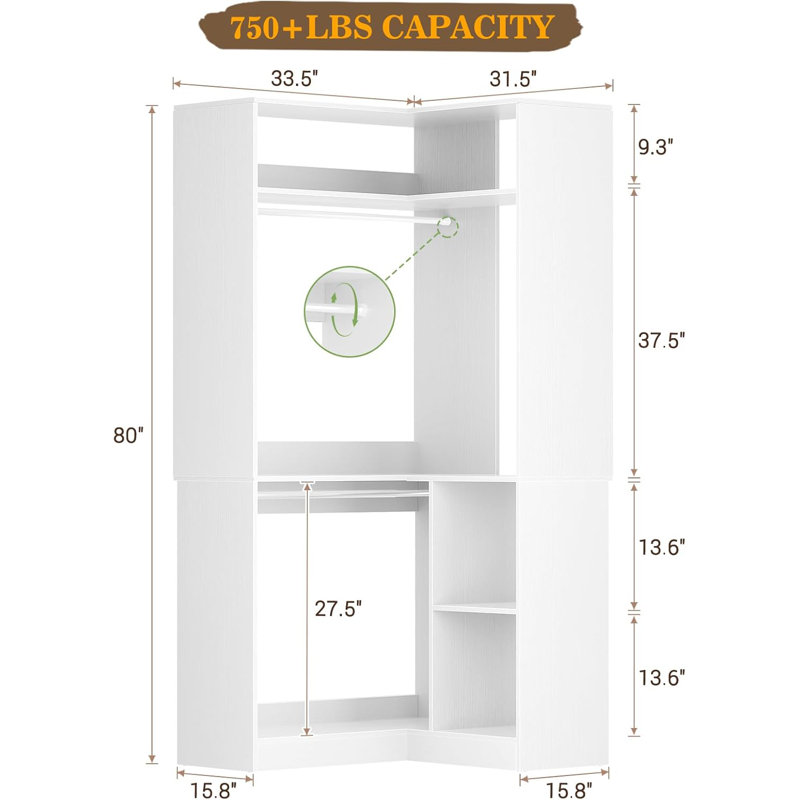 34" W Corner Closet System with Hanging Rods, White