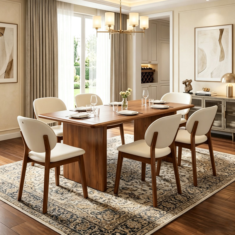 Ensemble de salle à manger moderne du milieu du siècle pour 6 personnes, table en bois massif et 6 chaises ergonomiques en cuir PU, fini noyer.
