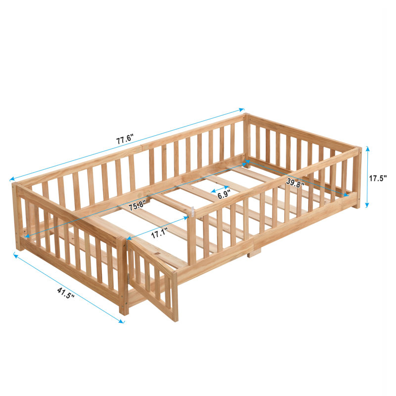 Lit simple au sol avec porte, cadre de lit plateforme en bois massif avec clôture, adapté aux enfants, bois massif, naturel