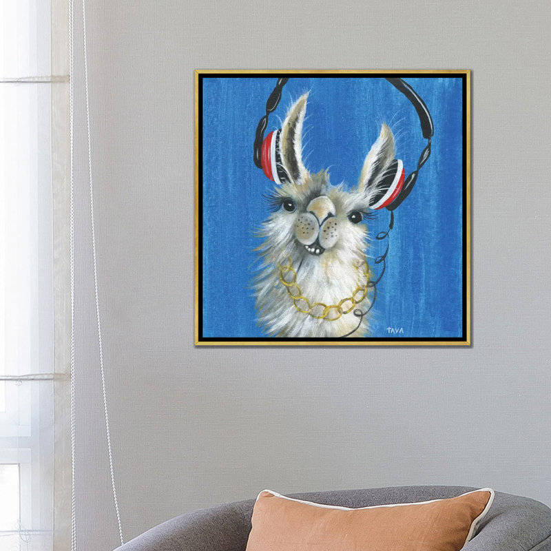 Llama Jammin '- reproduction d'art, Toile encadrée d'or, H 26 po x l 26 po x P 1,5 po, Aucun mat