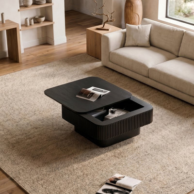 Table basse 31,5 po | Noir | Bois aggloméré de haute qualité | Rangement dissimulé à rabat | Table basse décorative moderne plaquée pour salon, chambre à coucher, appartement ou bureau