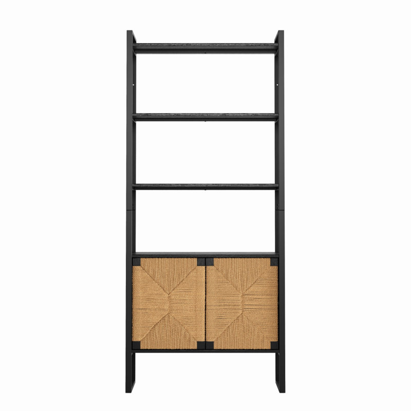 Natural Rattan Cabinet Door Storage Bookshelf Dual-Function Open Display Shelf Suitable For Living Rooms, Entryways, Bedrooms Black With Brown Accents