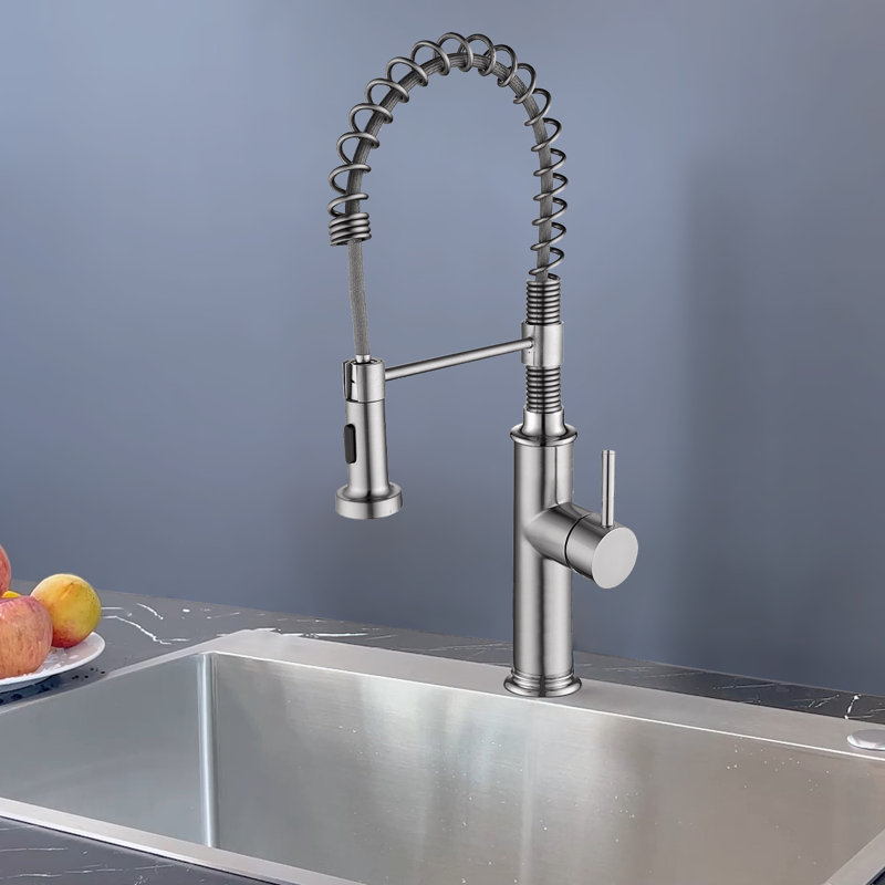 Robinet d'évier de cuisine à poignée simple rétractable en nickel brossé, Nickel brossé