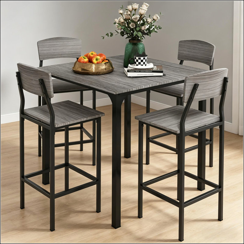 Ensemble de table de bar 5 pièces à hauteur de comptoir, table de cuisine carrée peu encombrante avec repose-pieds et structure en acier robuste
