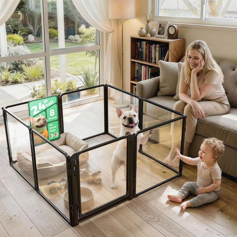 Parc d'intérieur pour chien en acrylique robuste AuraSpace Pro de FXW, avec structure en métal, hauteur 24 po, 8 panneaux pour chiots et petits chiens, noir