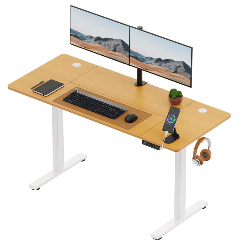 Adjustable Metal Base Standing Desk, Maple/White, 140 W x 60 D