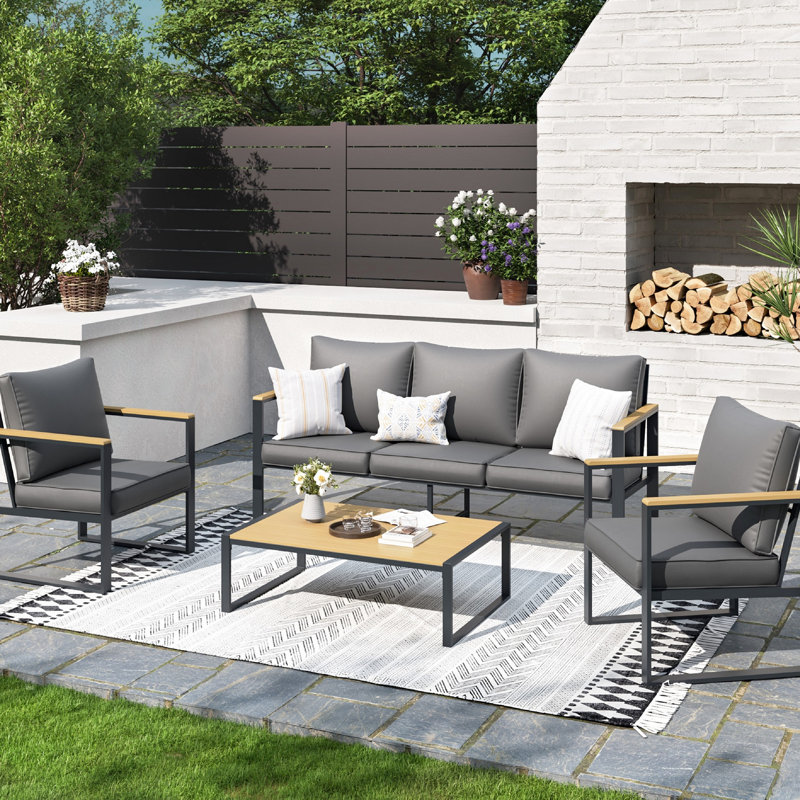 4 patios d'extérieur - structure en aluminium, coussins gris, pour le jardin et la cour aluminium, jardin, bord de piscine