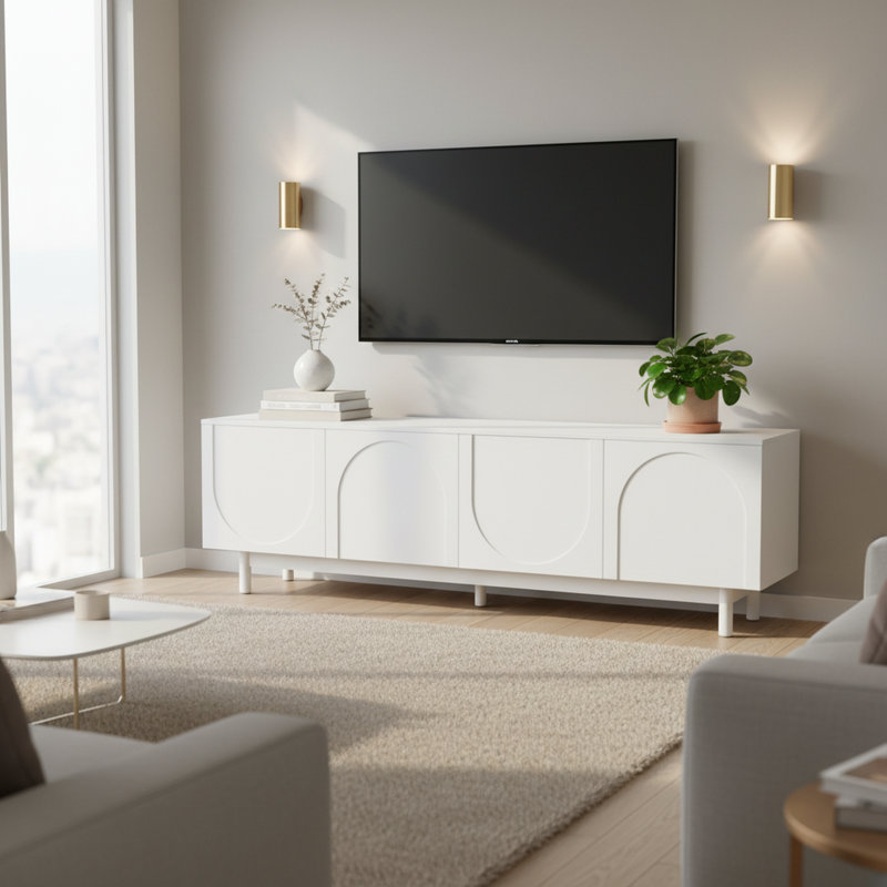 Console multimédia Grace-Arch avec portes réglables et pieds en bois massif, convient aux téléviseurs de 78 po ou moins - ivoire
