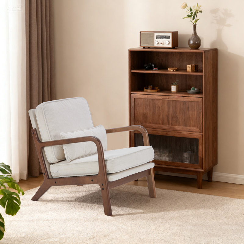 Upholstered Linen Blend Accent Chair with Wooden Legs and Lumbar Pillow, Beige