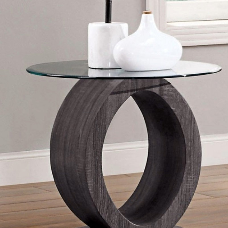 Table d'appoint ronde en verre gris Brexton de 59,7 cm (23,5 po) avec piètement en forme de O