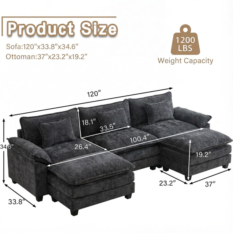 Canapé modulaire U, Chenille noir, H 34,6 po x l 120 po x P 33,8 po