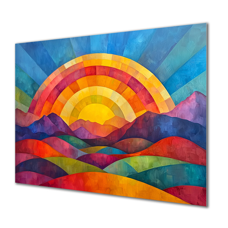 Arc-en-ciel sur montagnes colorées abstraites - reproduction d'art traditionnelle en métal, décoration murale arc-en-métal