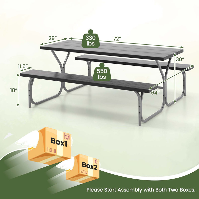 Red Barrel Studio 6 Ft Picnic Table Bench Set Outdoor Dining Table & 2 Benches With Metal Frame White, Noir
