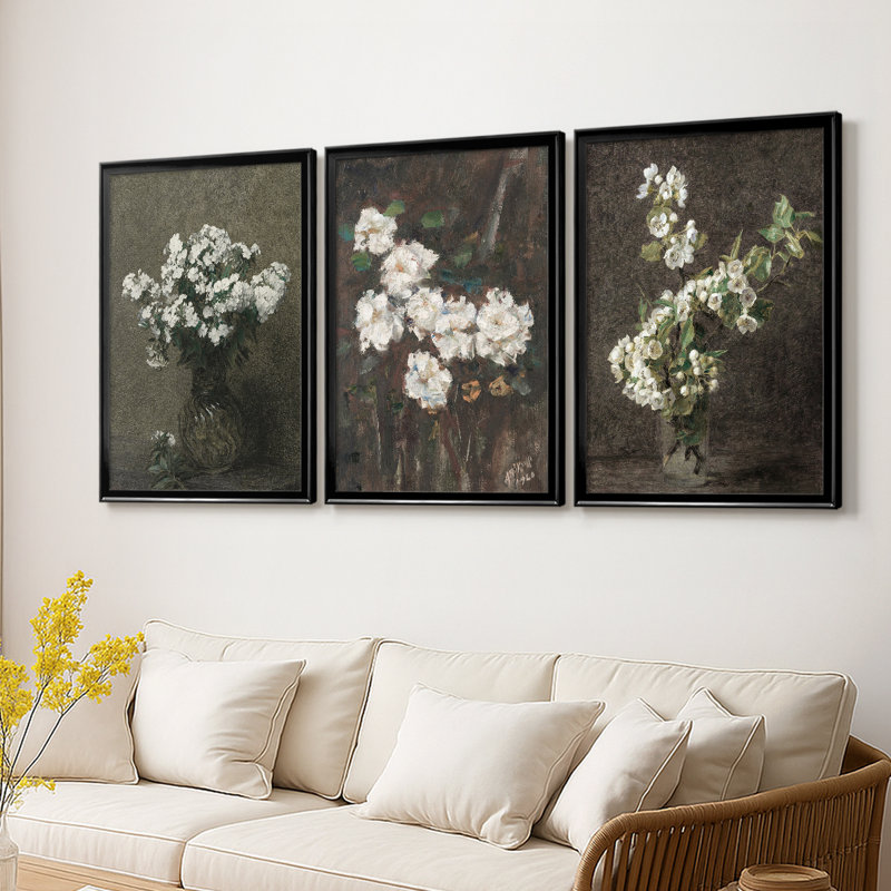 Impression florale rétro CCL XXXVII - Toile tendue avec châssis sur mesure - 3 pièces, Noir, H 19 po x l 27 po