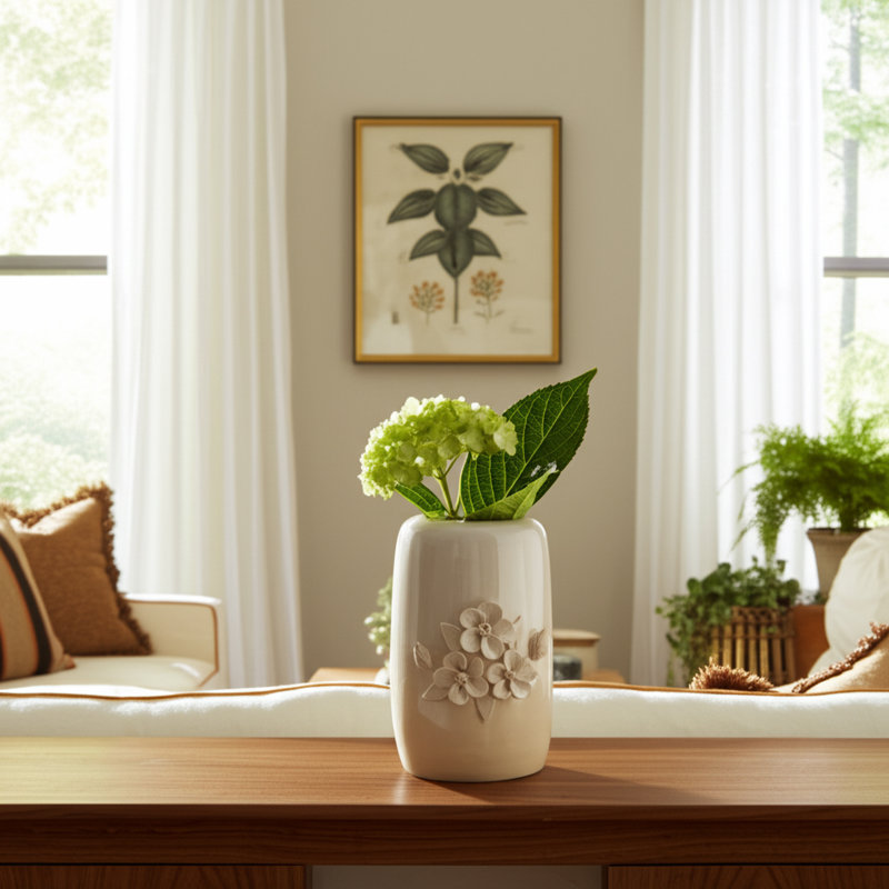 Vase Leonida en grès et céramique à motif floral 3D ivoire brun clair décontracté de 8 pouces pour le salon, la chambre et le bureau