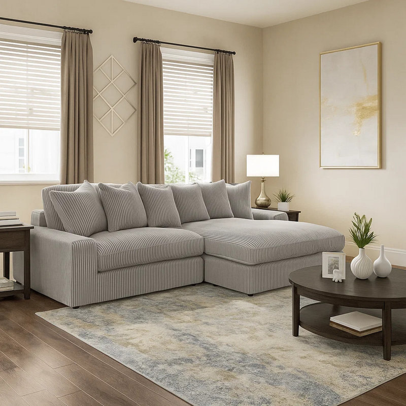 Canapé modulaire avec méridienne réversible Lain, 6 coussins décoratifs, velours côtelé Lain, Velours côtelé gris