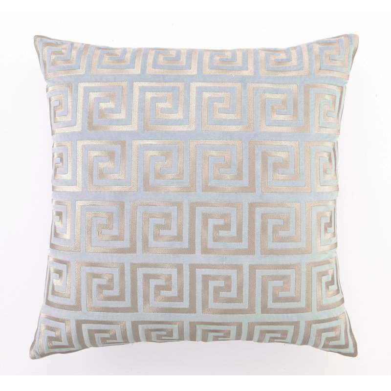 Embroidered Greek Key Linen Throw Pillow, Blue