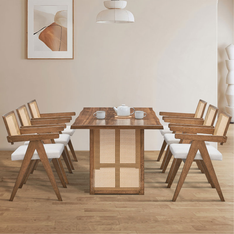 Table de salle à manger de 70,87 pouces à vagues rectangulaires, table de salle à manger en bois pour 6 personnes, grande table de cuisine moderne Mid-Century pour le salon, table de salle à manger bohème avec tissage en rotin pour restaurant, bureau, chêne
