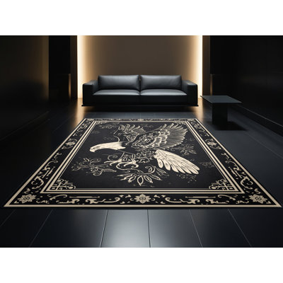 Tapis oriental classique gris et noir lavable à la machine Ozain Eagle