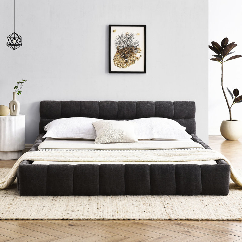 Grand lit plateforme gris foncé avec revêtement en chenille, structure solide et solide, aucun lit tapissier requis, gris, tissu, pour le confort de la chambre à coucher