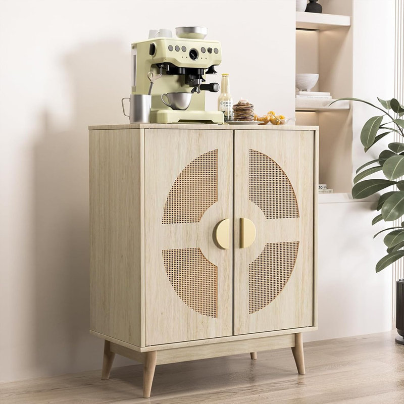 Crédence en rotin avec portes et tablettes - Mid-Century