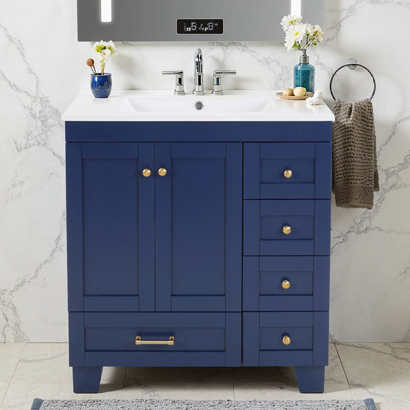 Meuble-lavabo 30 côtes bleu avec lavabo en céramique, tiroirs à fermeture en douceur et rangement multi-organisateurs - élégance sans effort