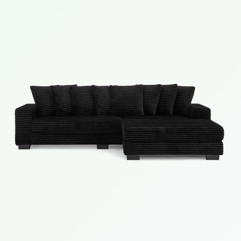 Corduroy L-Shaped Sectional Sofa with pillows and ottoman, Black Corduroy