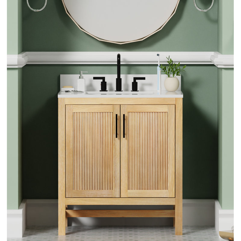 Meuble-lavabo simple 30 po avec comptoir en quartz, lavabo et dosseret Blunt. Placage de bois de teck. Pré-assemblage, 30"