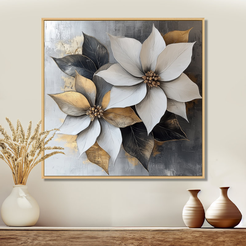 Crème et poinsettias dorés forme pure - art mural poinsettias, Impression encadrée flottante, Crème, crème, H 30 po x l 30 po