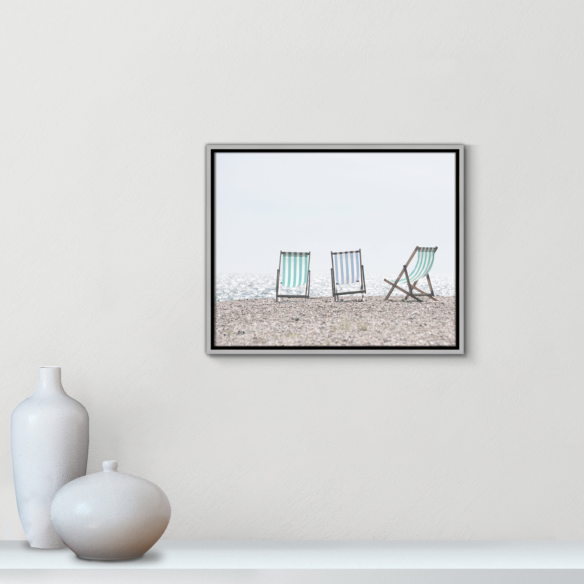 Beach Chairs - Photograph Print, 29.5" H x 41.5" W x 0.75" D, Black Wood Grain Framed Paper