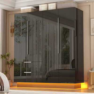 70"H 4 Door High Gloss Armoire with 2 Mirrors, LED Lighting, 2 Drawers, 63" Wide Freestanding Wardrobe Closet with Hanging Rod & Shelves