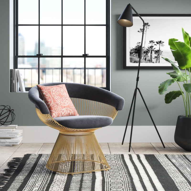 Pangea Home Modern Gray Velvet Upholstered Fern Arm/Accent Chair with Gold Metal Wire Base – Contemporary Lounge, Bedroom, or Dining Armchair