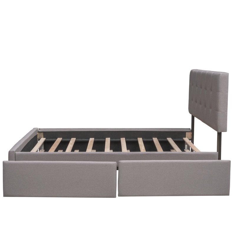Lit plateforme tapissier avec 2 tiroirs et 1 lit gigogne simple TG, tissu de lin, grand lit - gris clair (OLD SKU: LP100314AAN)
