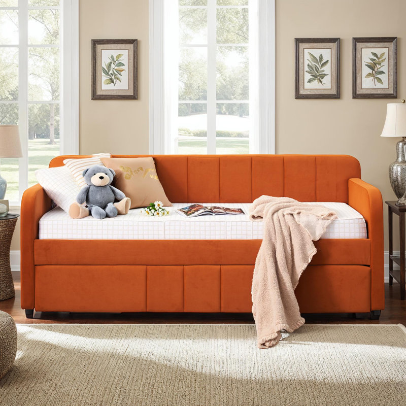 Velvet Upholstered Daybed with Trundle, Twin Size, Orange