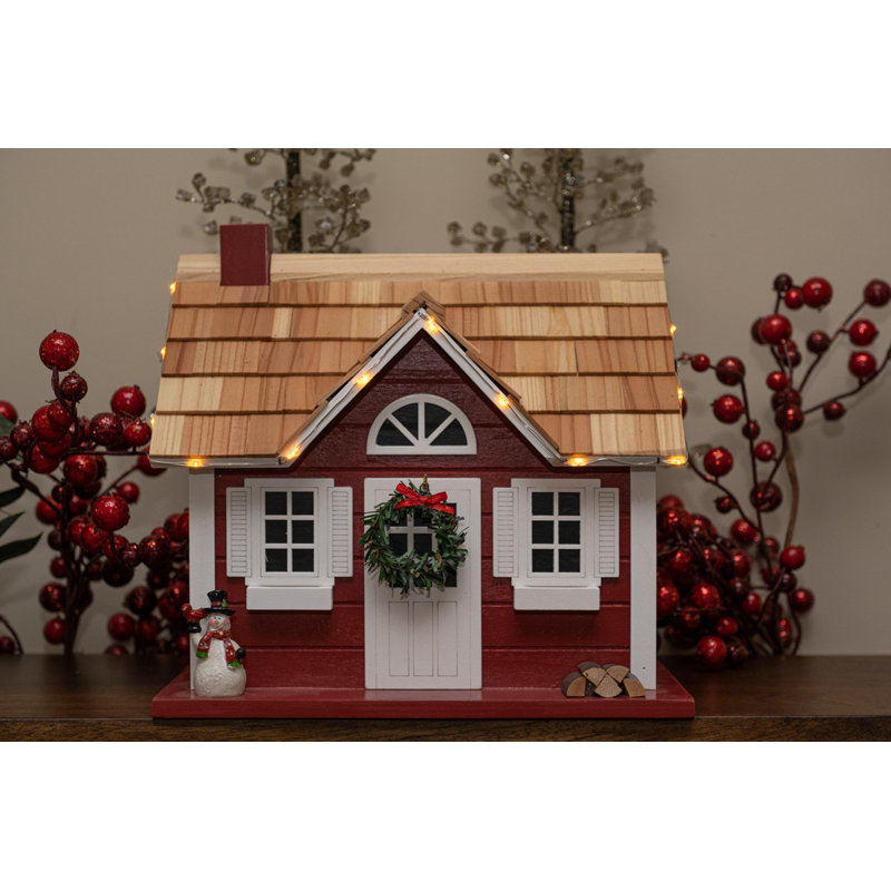 Red and White Wooden Christmas Birdhouse with LED Lights