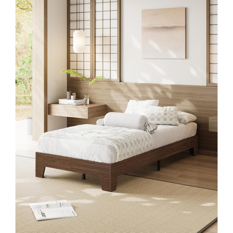 Twin XL Wooden Platform Bed Frame, Minimalist Natural Style, Strong Wood Slats, Easy Assembly, Tan, Twin XL