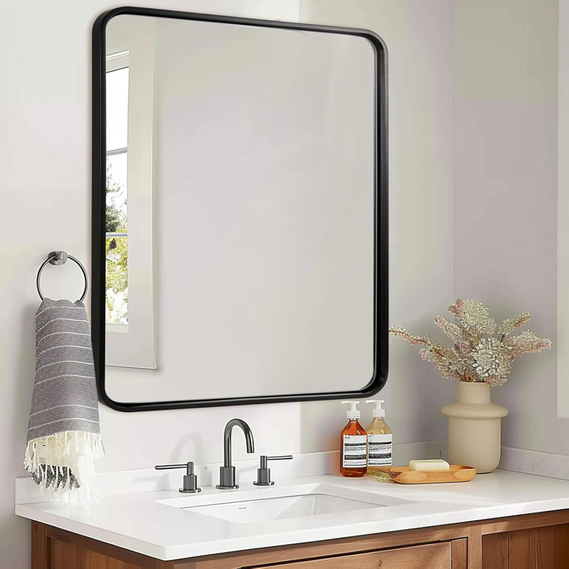 Contemporary Rectangle Bathroom Vanity Mirror | Stainless Steel Thick Frame, 36" x 30", Matte Black