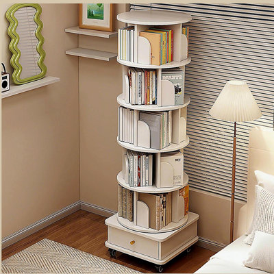 6 Tier Rotating Bookshelf, 360° Display Round Spinning Bookshelf with Wheels and Drawer, Space-Saving, Small Space Rotating Bookshelf Tower
