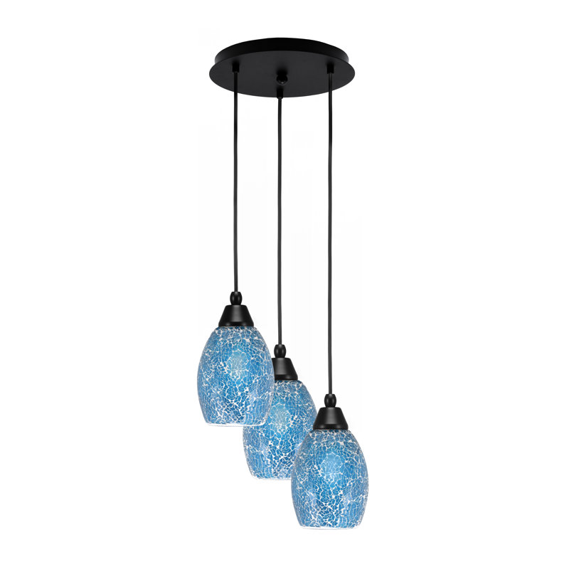 Array 3 Light Cord Hung Cluster Pendalier With 5" Turquoise Fusion Glass, Matte Black, 10" H x 11.5" W x 11.5" D