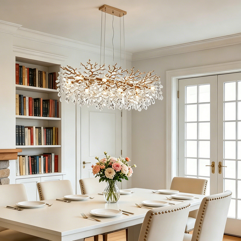 Lustre rectangulaire moderne - conception de branche d'arbre en cristal doré, luminaire suspendu de luxe à 14 lumières pour salle à manger, îlot de cuisine