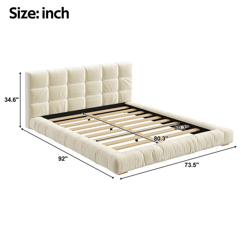 Lit plateforme tapissier à profil bas, Grand lit, Beige