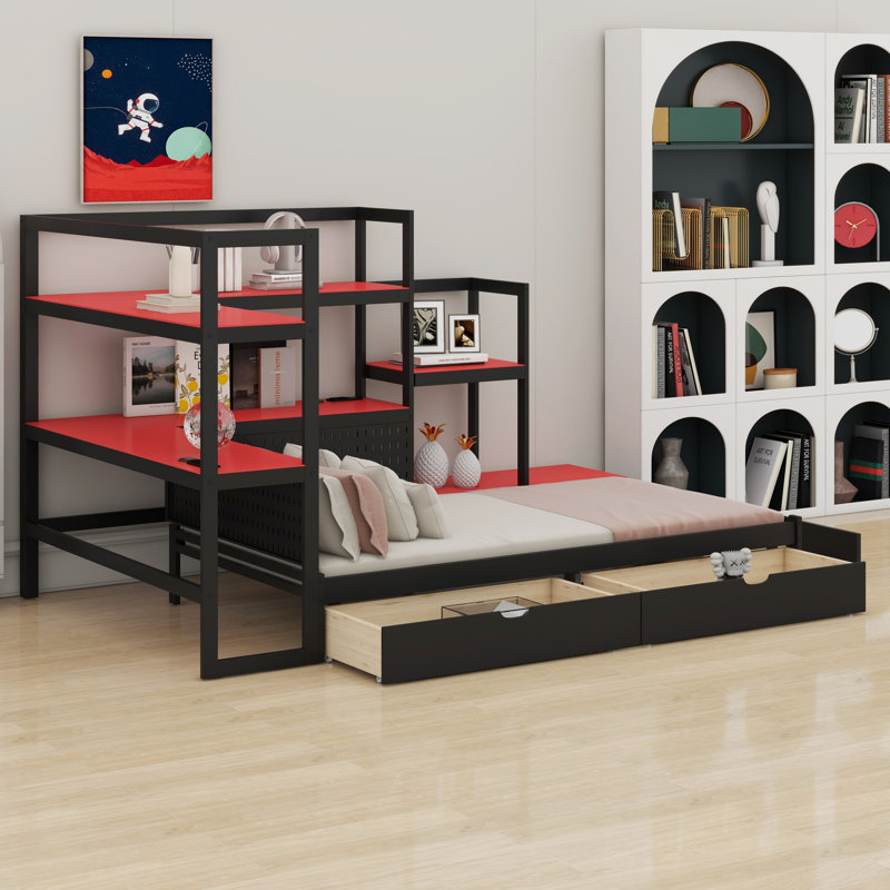 Structure de lit de jour avec bureau, lumières DEL et 3 tiroirs de rangement Gaming, Noir et rouge