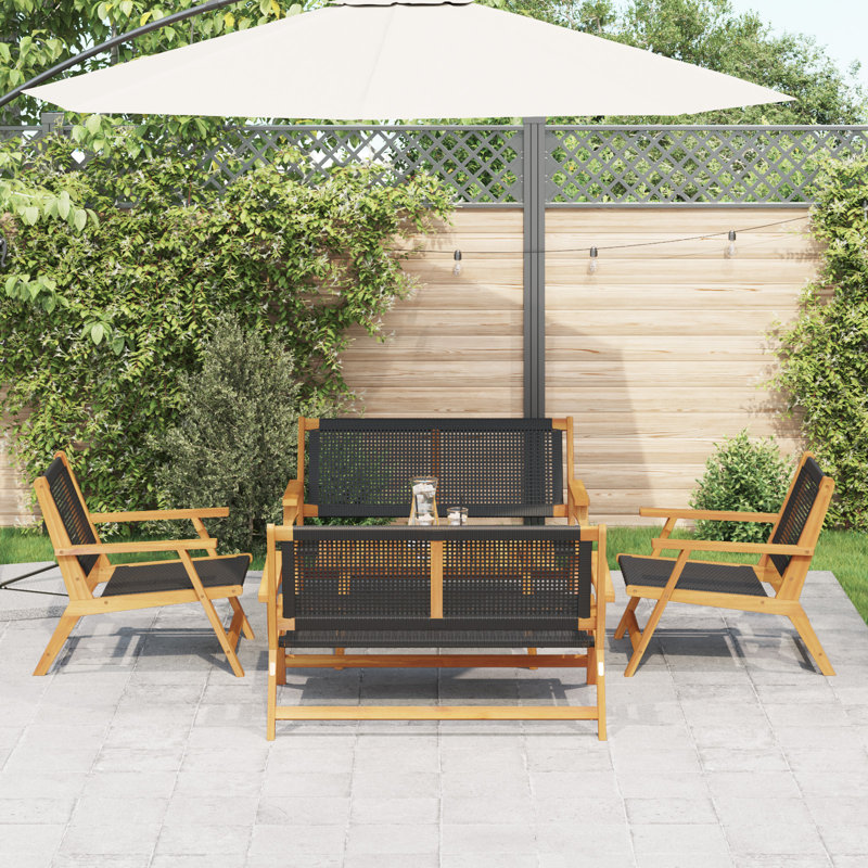 Set Of 4 Teak Look Acacia, Rattan Acacia Wood, Rattan, Black/Brown